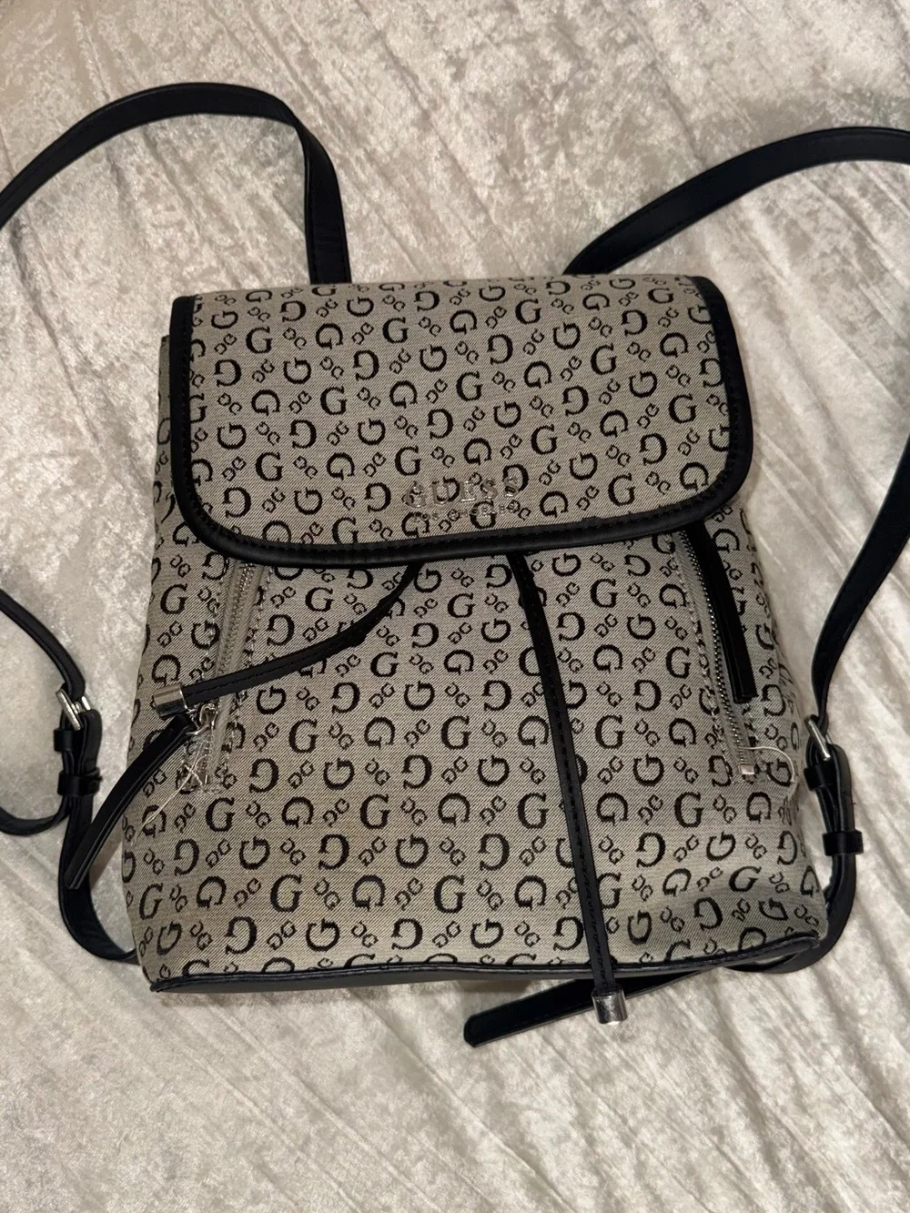 G by Guess Beige Monogram Convertible Backpack with Black Trim